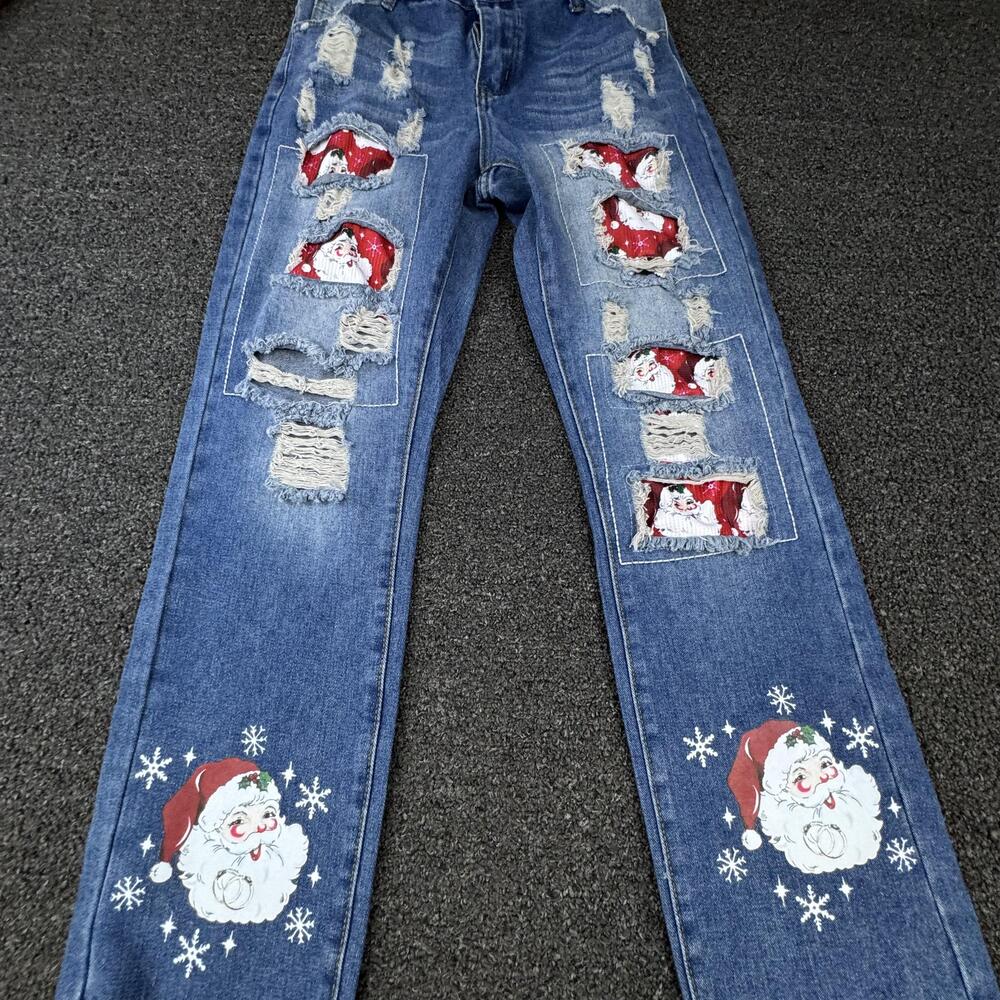 Judy Blue Jeans Womens Small Blue Distressed Santa Patch Christmas Winter Denim